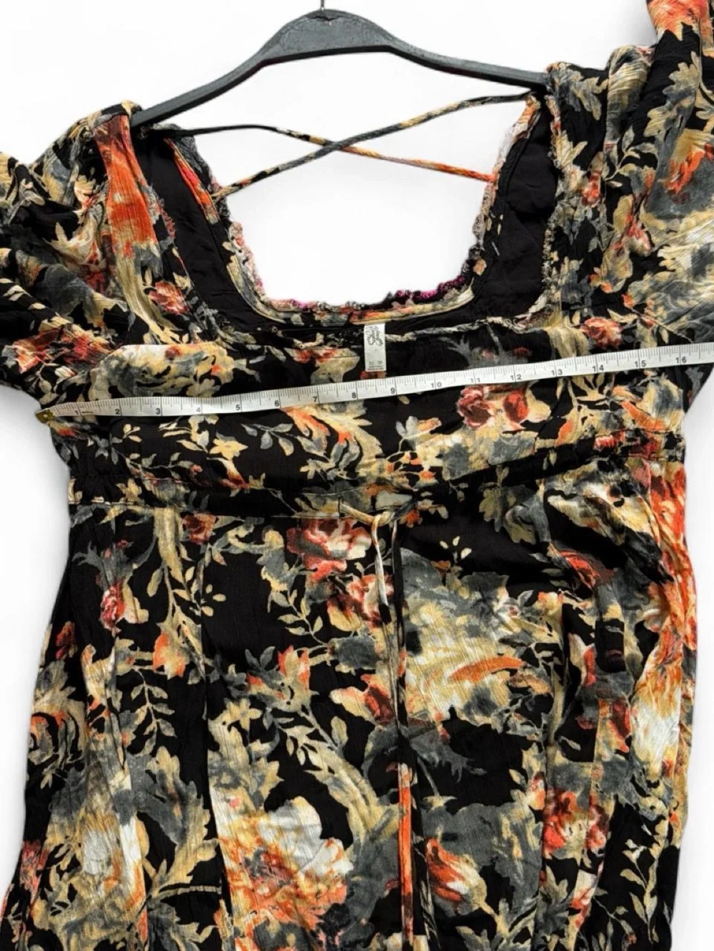 Free People Heart Of Gold Boho Floral Bell Sleeve Mini Dress in Black and Rust